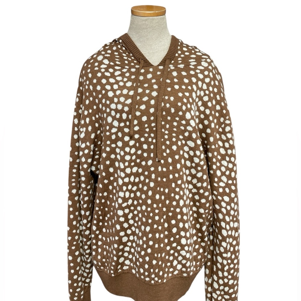 Happy Sheep Hooded Sweater Brown White Print Italy Merino Wool Size Medium